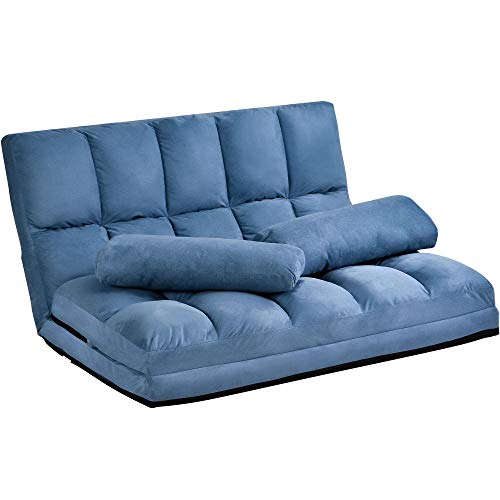Takefuns Double Chaise Lounge Sofa Floor Couch and Sofa with Two Pillows for Living Room(Blue) A