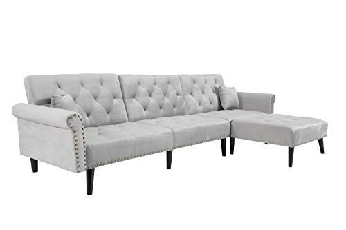 Danxee Sofa Bed Set Sectional Sofa L Shape Sectional Couch Sleeper Couch Bed Modern Style Velvet Sleeper Futon Sofa with Extra Wide Chaise Lounge (Light Grey)