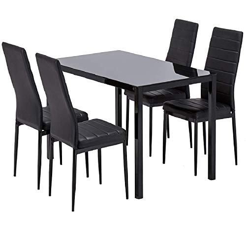 Mecor Dining Table Set, 5 Piece Kitchen Table Set with Glass Table Top 4 Leather Chairs Dinette (Black)