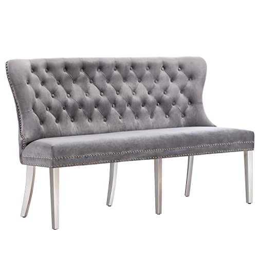 UDAX Modern Velvet Bench with Back, Upholstered Armless Couch Settee with Button Tufted Backrest Nailhead Around for Living Room and Bedroom, Accent Sofa for Home and Entryway(Grey)