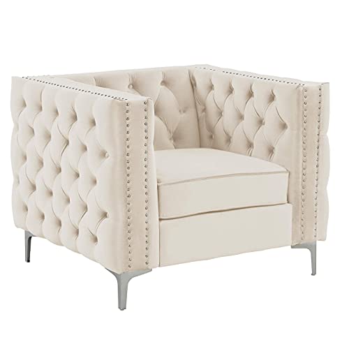 Morden Fort Living Room Furniture Set Modern Chair with Deep Dutch Velvet, Iron Legs-Velvet Beige.