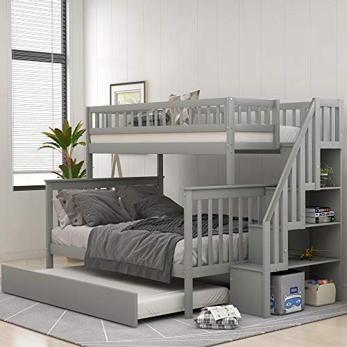 Twin-Over-Full Bunk Bed, Hardwood Bunk Bed with Trundle and Staircase, Whtie