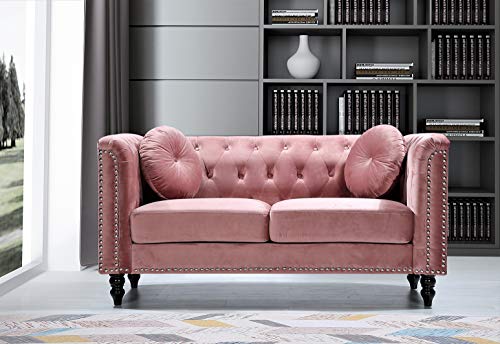 US Pride Furniture Modern Style High Density Foam 64.17'' Wide Rose Velvet Rolled Arm 2 Seater Chesterfield Living Room Removable Cushion & Solid Wood Legs (S5608-5613) Sofas