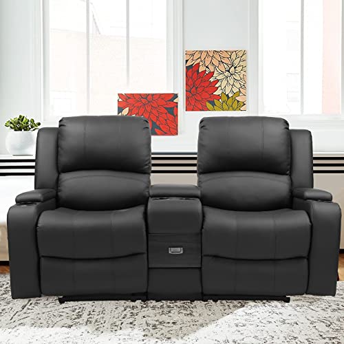 LVUYOYO Modern Loveseat Recliner - Manual PU Leather Double Reclining Sofa Couch with Console and Cup Holder - Home Theater Seating for Living Room (Black)