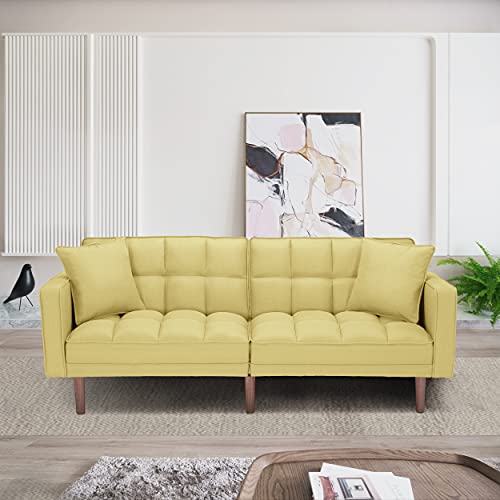 Futon Sofa Bed, Modern Fabric Convertible Couch Sleeper with Split Back Design,Arms, Solid Wood Legs and 2 Pillows, Perfect Furniture for The Small Space (Yellow+Twin)