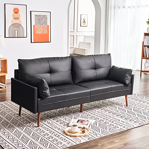 Vonanda 73 inch couches for Living Room, Faux Leather 3 Seater Sofa Modern Sofa with 2 Accent Rectangle Pillows, Upholstered Sofa for Bedroom Living Room Apartment Dorm Office, Black