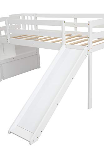 Twin Loft Bed with Slide for Kids, Wood Low Loft Bed with Stairs and Storage Shelves, No Box Spring Needed,White