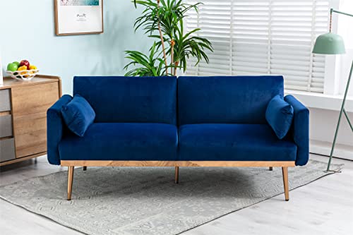 Melpomene 68.5-inch Velvet Couch with Two Rectangular Waist Pillows, Twin Size Loveseat Accent Sofa with Golden Metal Legs, Folding Sofa Bed for Living Room Bedroom and Small Space (Navy)