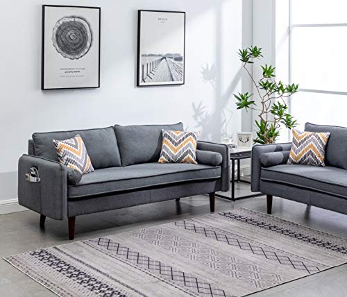 Lilola Home Lana Mid-Century Modern Gray Linen Sofa Couch with USB Charging Ports & Pillows