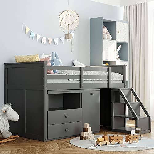 Harper & Bright Designs Twin Loft Bed for Kids , Loft Bed Twin with Portable Desk for Study , Wooden Low Loft Bed with Storage Steps,No Box Spring Needed,Grey