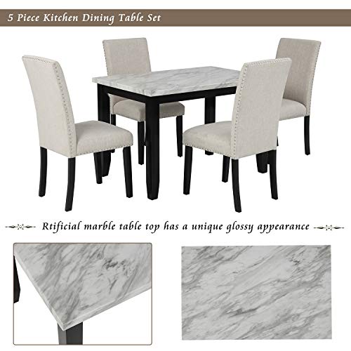 5-Piece Dining Table Set, Rectangular Dining Table with 4 Thicken Cushion Dining Chairs, Faux Marble Dining Room Table Set, White/Beige