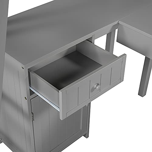 Twin Size Loft Bed with Desk and Drawers, Wood Loft Bed with Storage Shelves and Ladder, Twin Loft Bed Frame for Kids, Teens Boys & Girls (Twin, Grey)