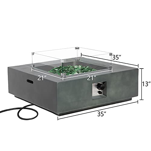 COSIEST Outdoor Propane Fire Pit Coffee Table w Square Faux Stone 35-inch Planter Base, 50,000 BTU Stainless Steel Burner, Green Fire Glass and Rain Cover, Metal Lid