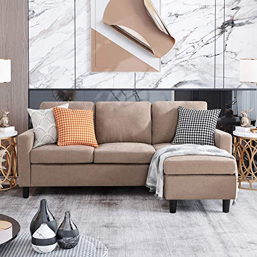 Walsunny Convertible Sectional Sofa Couch with Reversible Chaise, L-Shaped Couch with Modern Linen Fabric for Small Space(Dark Beige)