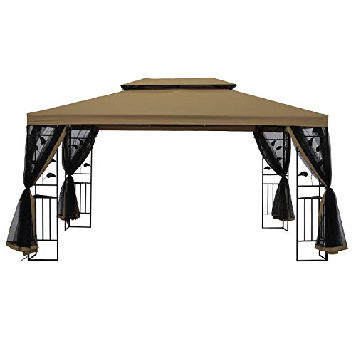 SUNA OUTDOOR Gazebo 10x13 Ft Steel Frame Two-Tiered Top Canopy, Leaf Screen Decor Gazebo with Adjustable Netting for Garden Backyard, Tan