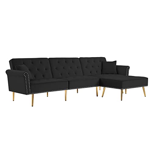 Modern Sofa Bed Couch,Living Room Furniture Sofa Ottoman Set with 3 Levels Adjustable Back and Nailhead Trim,Tufted Velvet Reversible Sectional Couchs with Gold Metal Legs (Black)