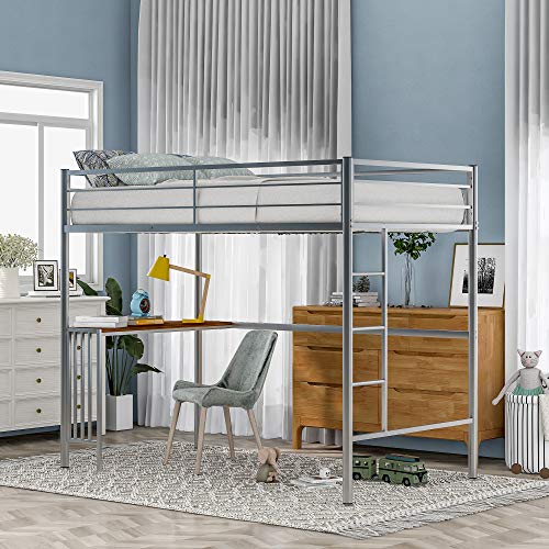 Harper & Bright Designs Twin Metal Bunk Bed with Study Desk, Ladder, Guardrails and Quality Slats Loft Bed for Bedroom Guest Room, No Box Spring Required (Silver)