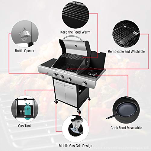 R.W.FLAME 34000 BTU Liquid Propane Grill with 3-Burner,Temperature Display, Bottle Opener, Side Burner, Cart Grills, Stainless Steel Gas BBQ Wagon