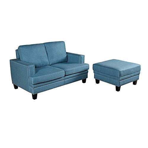 Top Space Loveseat Couch Modern Upholstered Mid Century Sofa Casual Arm Chair/Ottoman Linen Fabric Footstool Rivet Design Household Change Shoe Bench Sofa Living Room Furniture(2 PCs, Blue)