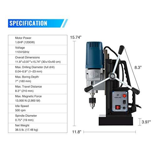 CO-Z 1200W Electric Magnetic Drill Press with 0.9 inch Boring Diameter, Portable Heavy Duty Power Mag Drill 2900lb Force Electromagnet Industrial Drilling Machine for Any Surface and Home Improvement