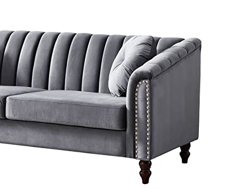 HomSof Modern Velvet Upholstered Couch, 3 Seat Tufted Back with Nail Arms, Solid Wood Legs, Sleeper Sofa, Compact Living Space, Apartment, Bonus Room, Loveseat, Grey