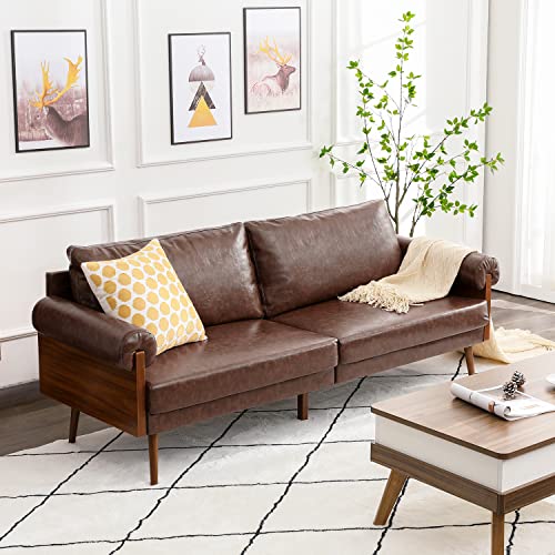 Vonanda Mid-Century Modern Sofa, Upholstered Faux Leather 3-seat Couch with Round Arms and Metal Legs for Small Living Room Apartment Dorm Bedroom Office,Chestnut Brown