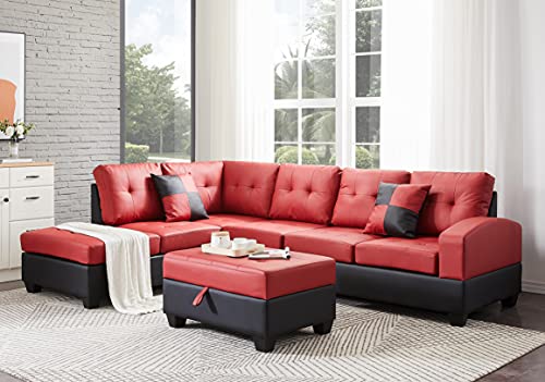 UNIROI Skin-Friendly PU Leather Living Room Funiture Set, Sectional Sofa W/Storage Ottoman & Reversible Chaise Lounge, Two Cup Holders and 2 Pillows, 114 x 80x 35 Inch L-Shaped Sofá for Home Apartment