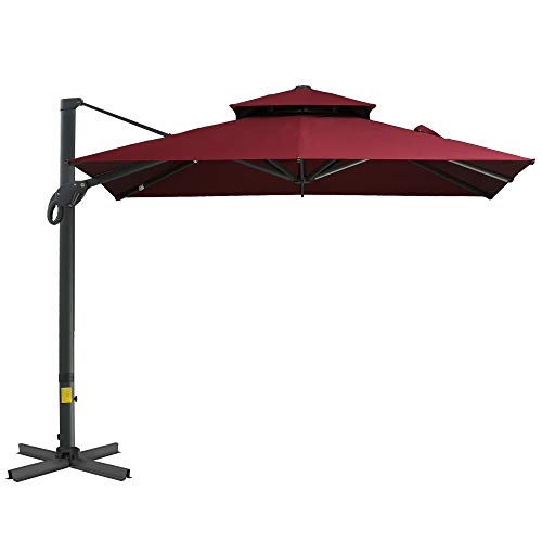 Outsunny 10 x 10FT Cantilever Patio Umbrella Square Offset Umbrella Outdoor Market Hanging Umbrella with 360° Rotation, 4 Adjustable Tilt Angles for Deck, Lawn, Backyard and Pool, Wine Red
