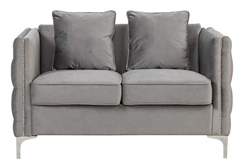 Lilola Home Bayberry Gray Velvet Loveseat with 2 Pillows, Nail-Head trim, Chrome Metal Legs