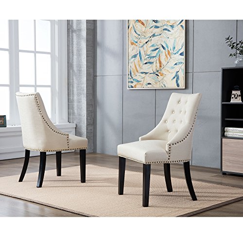 DAGONHIL Fabric Dining/Accent Chairs (Set of 2) with Black Solid Wooden Legs,Nailed Trim (Beige)