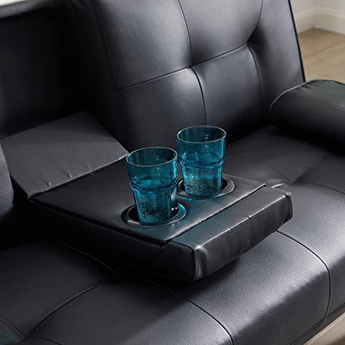 ZSY Sofas Faux Leather Loveseat Sofa Bed with Cup Holders, Convertible Folding Sleeper Couch Bed