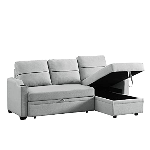 Melpomene Convertible Sectional Sofa Couch Pull Out Bed Sleeper Sofa with Storage 3 Seater L Shaped Couch Linen Upholstered Fabric Corner Sofa with 2 Cupholders for Living Room (Grey)