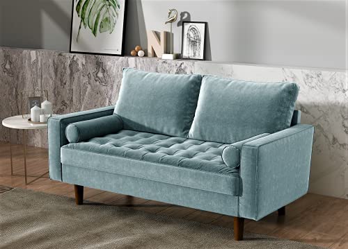 US Pride Furniture Soft Elegant Dusty Blue Velvet Flared 58’’ Wide Tight Square Arm Living Room Loveseat with Firm Back Support & Solid Wood Legs (S5548-5549) Sofas
