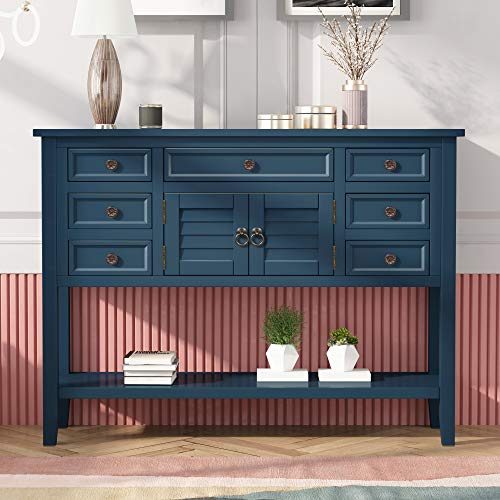 Harper & Bright Designs Console Table Sofa Table, Solid Wood Modern Entryway Table for Living Room with 7 Drawers, 1 Cabinet and 1 Shelf, Easy Assemble Sideboard Table for Hallway (Blue)