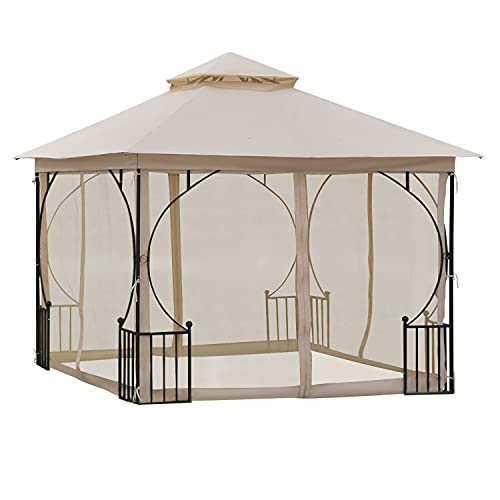 Outsunny 10' x 10' Patio Gazebo Canopy Outdoor Pavilion with Mesh Netting SideWalls, 2-Tier Polyester Roof, & Steel Frame
