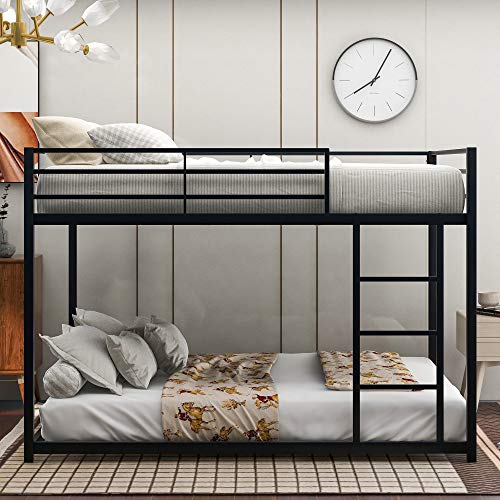 Full Over Full Bunk Bed, Low Bunk Beds with Ladder,Sturdy Metal Frame with Safety Rails, Modern Bunk Beds for Bedroom, Dorm, Boys, Girls, Adults,Black