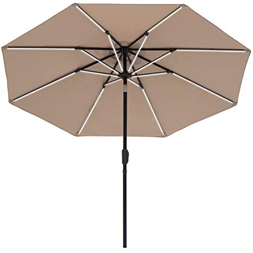 SUNBRANO Deluxe Solar Powered LED Strip Lighted Patio Umbrella, 9ft Market Table Umbrella w/Tilt and Crank, 8 Ribs, Taupe