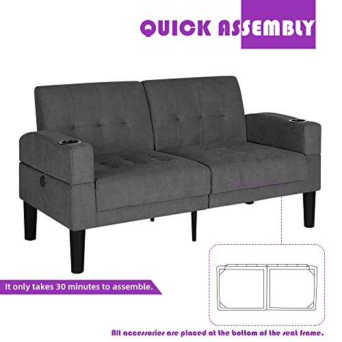 TYBOATLE Modern Living Room Furniture Sectional Sofa Sets 2 Piece, Tufted Mid-Century Loveseat Couch w/ 2 USB, 2 Cupholders and Comfy Accent Arm Chairs for Small Space, Apartment, Office (Dark Grey)