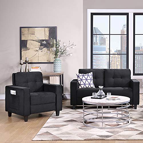 GAOPAN Modern 2 Piece Upholstered Sectional Sofa for Living Room Furniture Set Include Loveseat & Sofá Armchair,Stylish Velvet Tufted Cushion Couch Easy Assemble W/Side Pockets,Black