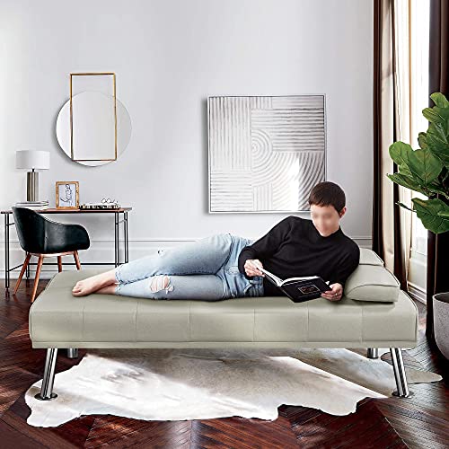 Yaheetech Linen Fabric Sofa Bed Modern Couch Bed Folding Recliner Sleeper Reversible Loveseat Convertible Daybed Sofa w/ 2 Cup Holders Removable Armrests 3 Adjustable Angles 772lb Capacity Beige