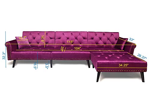 SIU Sectional Convertible Futon Sofa Bed, Mid-Century Button Tufted Sofa 2 Pillows, Reversible Chaise, L Shape Sectional Couch Sleeper Velvet Sleeper Sofa for Living Room Furniture (Purple)