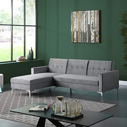 Morden Fort Velvet Sectional Sleeper Sofa, L Shaped Reversible Adjustable Futon Chaise Couch for Living Room Furniture Set, Grey