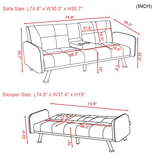 Futon Sofa Bed, Modern Convertible Couch Sleeper Sofa with Armrest and Metal Legs, Twin Size Folding Recliner Sofa Bed Home Furniture for Living Room with 2 Cup Holders Linen Fabric (Dark Grey)