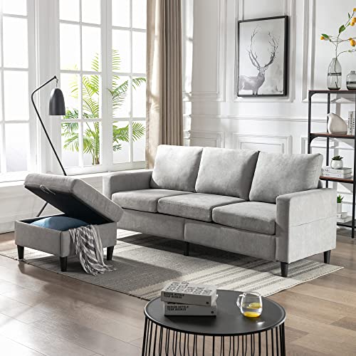 Polbi 2-Piece Living Room Sofa Set with Moveble Storage Ottoman, 3-seat Couch Hdand Handy Side Pocket, L-Shaped Sectional Furniture Set, Grey