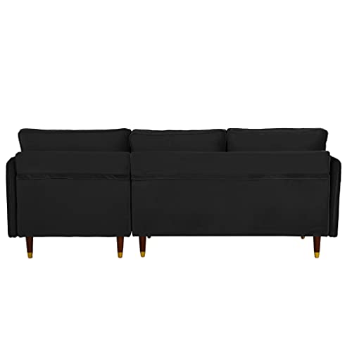 Etstodv Reversible Sectional Sofa Modern Velvet L Shaped Couch with Chaise, 5 Pillows and Side Pockets, for Living Room Apartment, Black