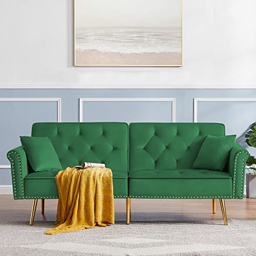 Velvet Sofa Bed, Convertible Sleeper Sofa Tufted Couch Bed with 3 Adjustable Split Back, Modern Upholstered Loveseat Couch Bed with Metal Legs and Nailhead Decor for Home Living Room (Green)