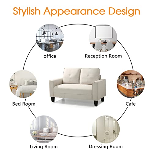 COCOLHOME Modern Sofa Loveseat, Mid-Century Linen Fabric 2 Seater Couch with Square Armrest Solid Wood Frame Legs for Living Room, Bedroom, Apartment and Small Spaces, Movable Back (JZ-2P, Beige)
