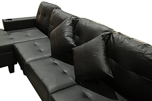 GAOFEIYANG 98” Sectional Sofa with Reversible Chaise Lounge, 4 Seating Leather L-Shape Couch Living Room Furniture Set with Cup Holders, Black