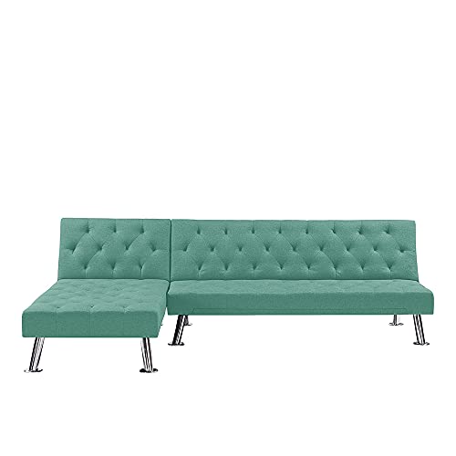 L Shaped Couch, Sectional Sleeper Sofa with Chaise, Comfy Green Couch with Tufed Back and Seat, Mid-Century Futon Sofa Bed with Sturdy Metal Legs, Linen Fabric Reclining Sofa for Living Room (Green)
