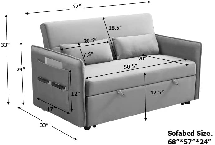 Smilehome Velvet 57'' Loveseat Sleeper Sofa Pull Out Bed, 2 Seats Sofá with Adjustable Backrest, 2 Pillows & Side Pocket Living Room Small Apartment, Blue